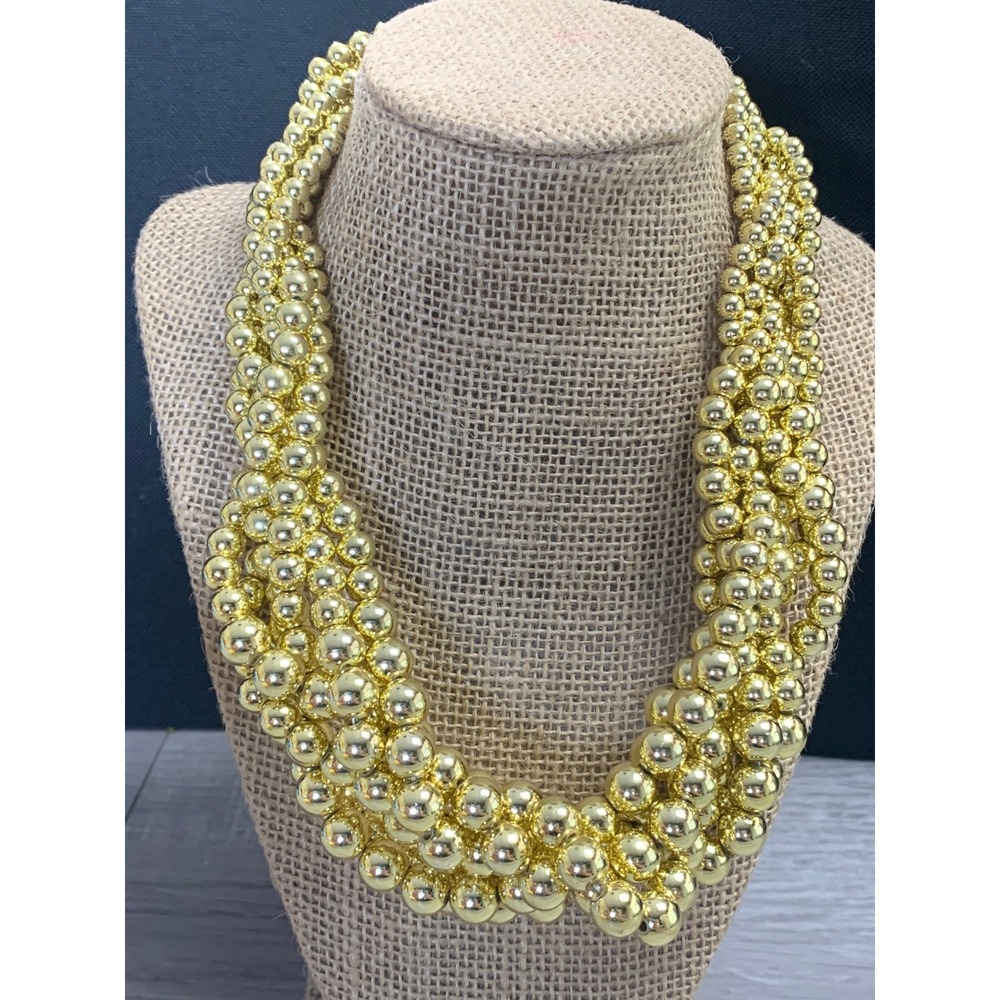 Vintage 90s Gold Tone Multi Strand Beaded Bib Necklace Chunky Statement Collar